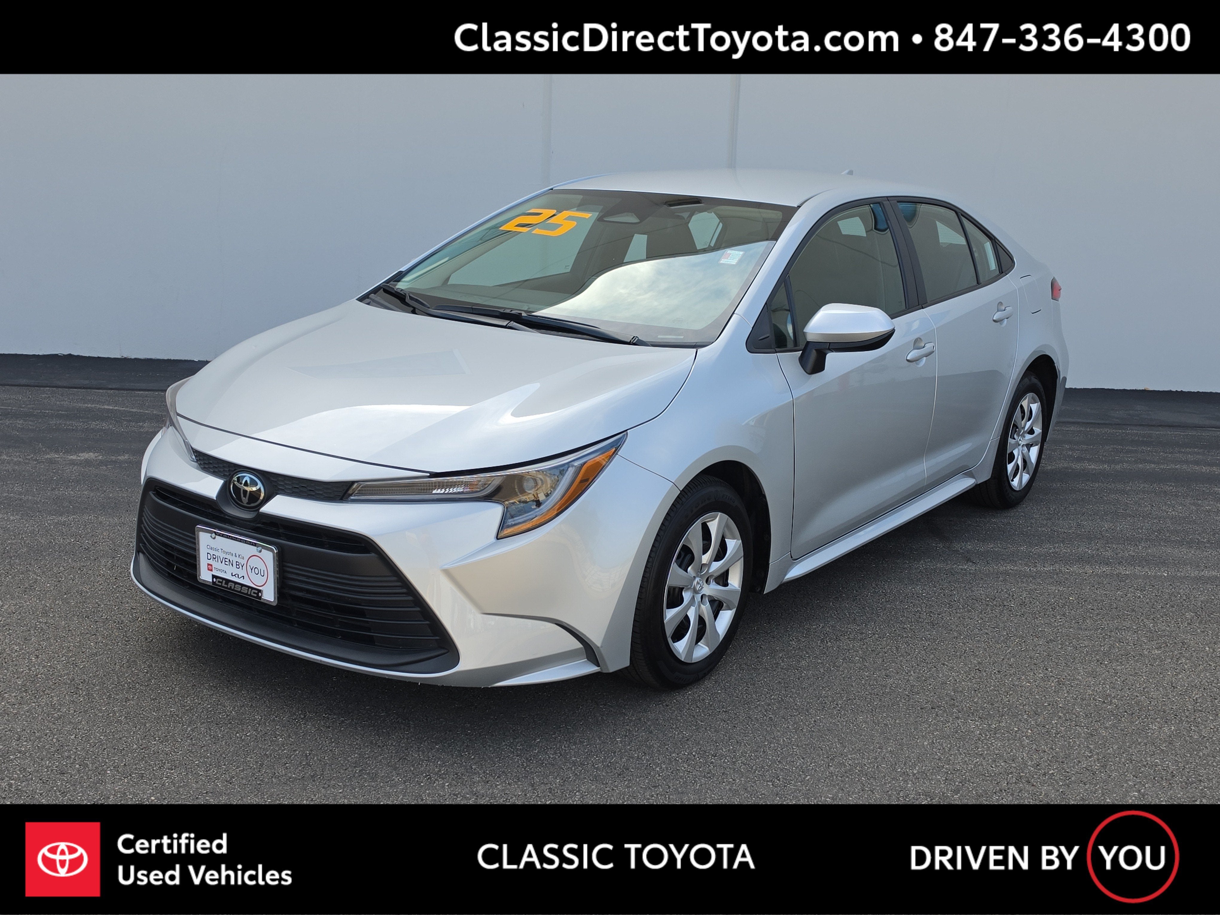 2025 Toyota Corolla LE in Classic Silver Metallic — front three-quarter view