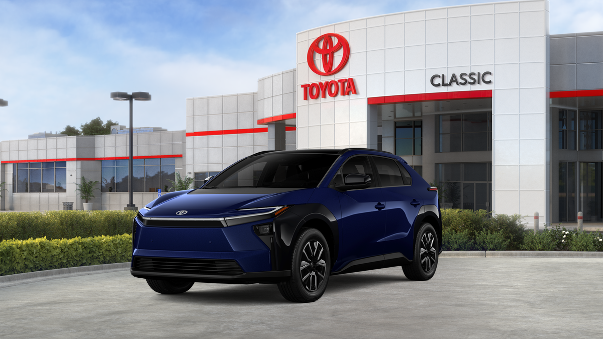 2026 Toyota bZ XLE in Blueprint — front three-quarter view